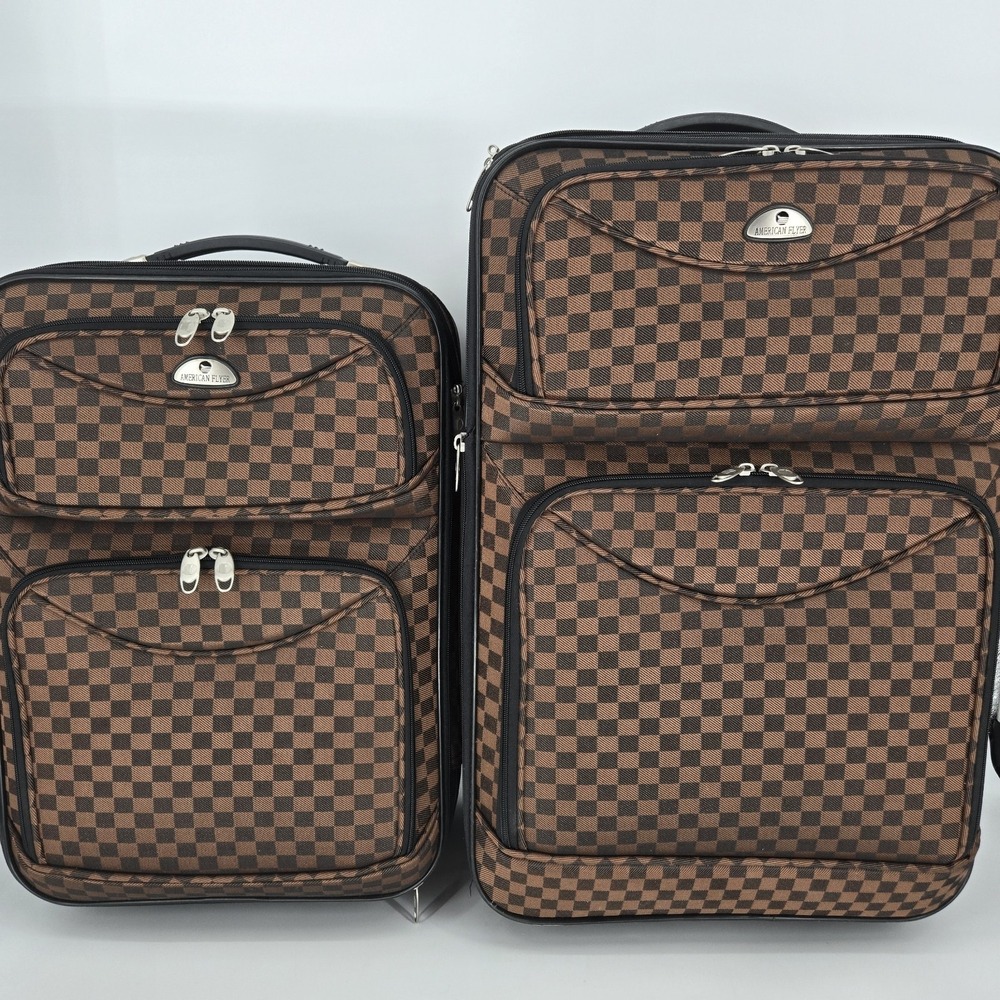 American Flyer Madrid 2pc Luggage Set Brown Check Rolling Suitcase 20x15 25x16 E